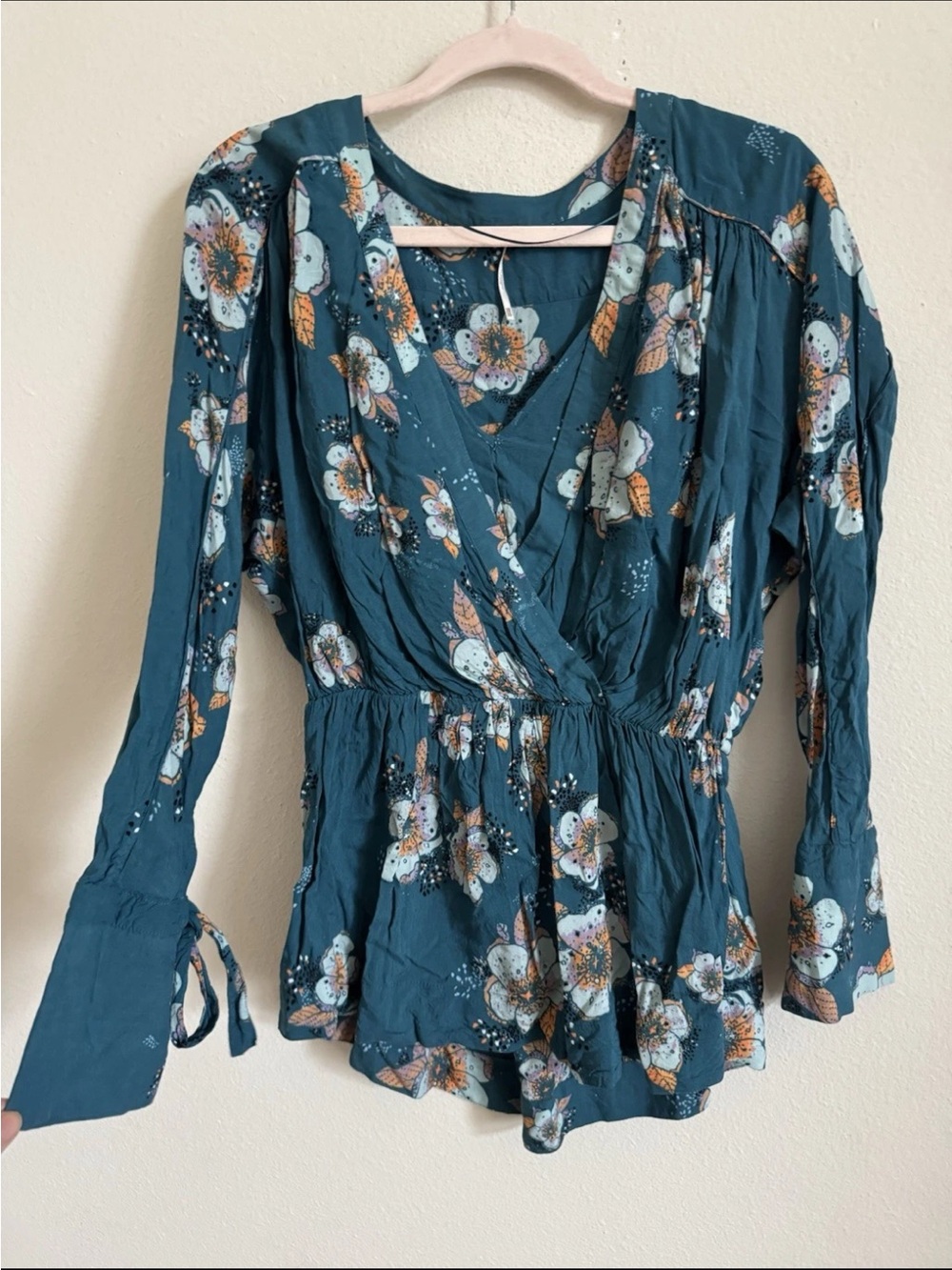 Free People Teal Turquoise Blue Floral Long Sleeve Boho Blouse XS